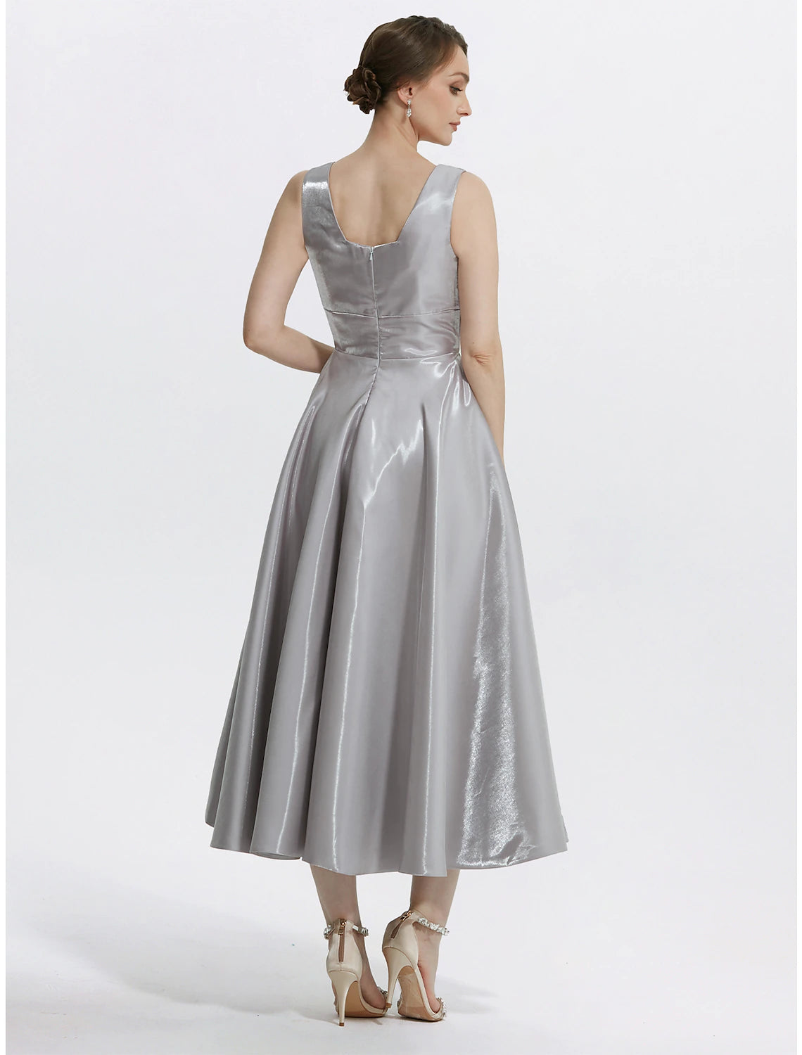 Elegant Silver Satin A-Line Square V-Neck Sleeveless Sweetheart Zip Back Tea-Length Cocktail Dress