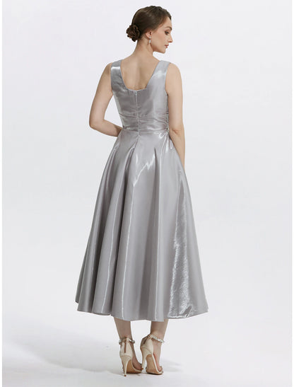 Elegant Silver Satin A-Line Square V-Neck Sleeveless Sweetheart Zip Back Tea-Length Cocktail Dress