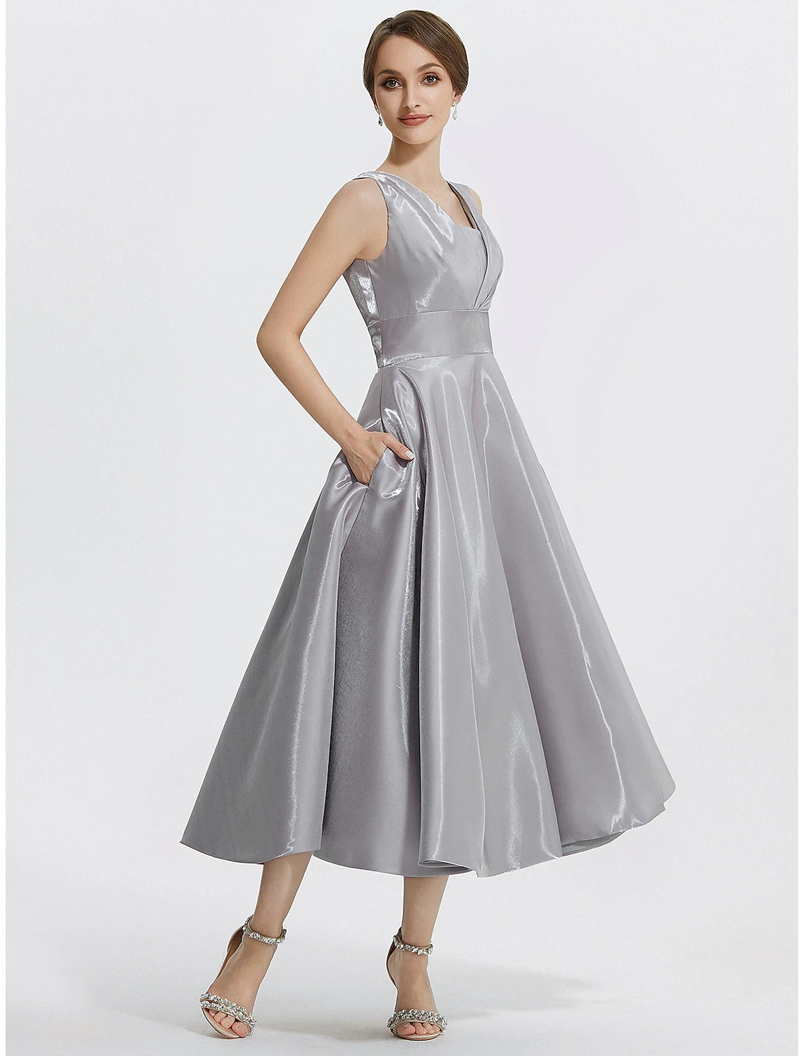 Elegant Silver Satin A-Line Square V-Neck Sleeveless Sweetheart Zip Back Tea-Length Cocktail Dress