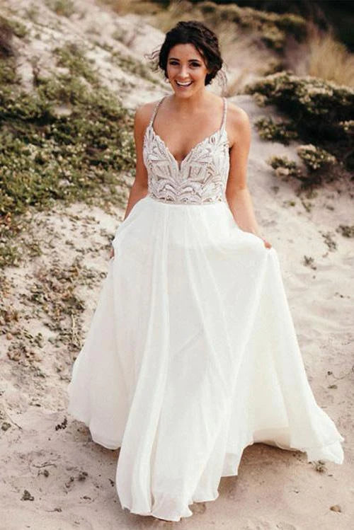 Elegant Spaghetti Straps V Neck Chiffon Backless Beach Wedding Dresses Bridal Gowns
