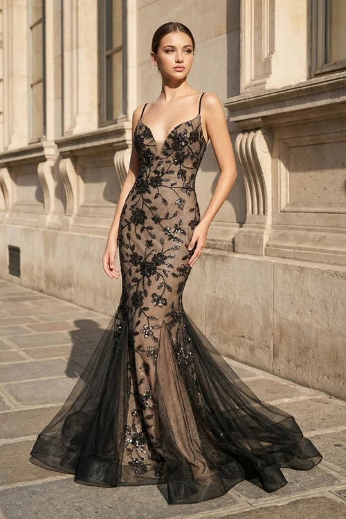 Elegant Sparkling Embellished Mermaid V-Neck Spaghetti Strap Criss-Cross Back Floor-Length Evening Dresses