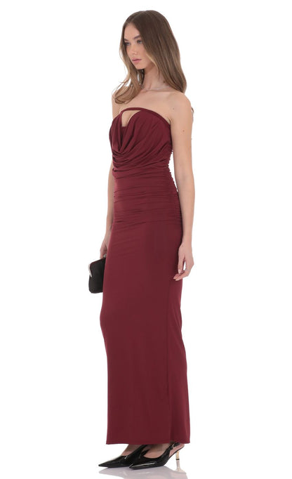 Elegant Strapless Cowl Neck Heart-shaped Cutout Ruched Stretch Jersey Bodycon Floor-length Evening Dresses