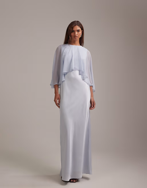 Elegant Two Piece Satin Chiffon Maxi Dress Round Neck Cape Sleeve Evening Dresses