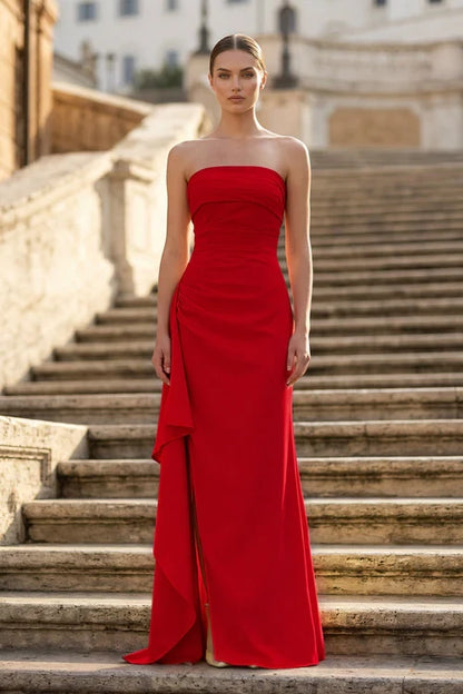 Elegant Vibrant Satin Mermaid Strapless Sleeveless Lace-up Back Floor-length Pleated Draped Evening Dresses