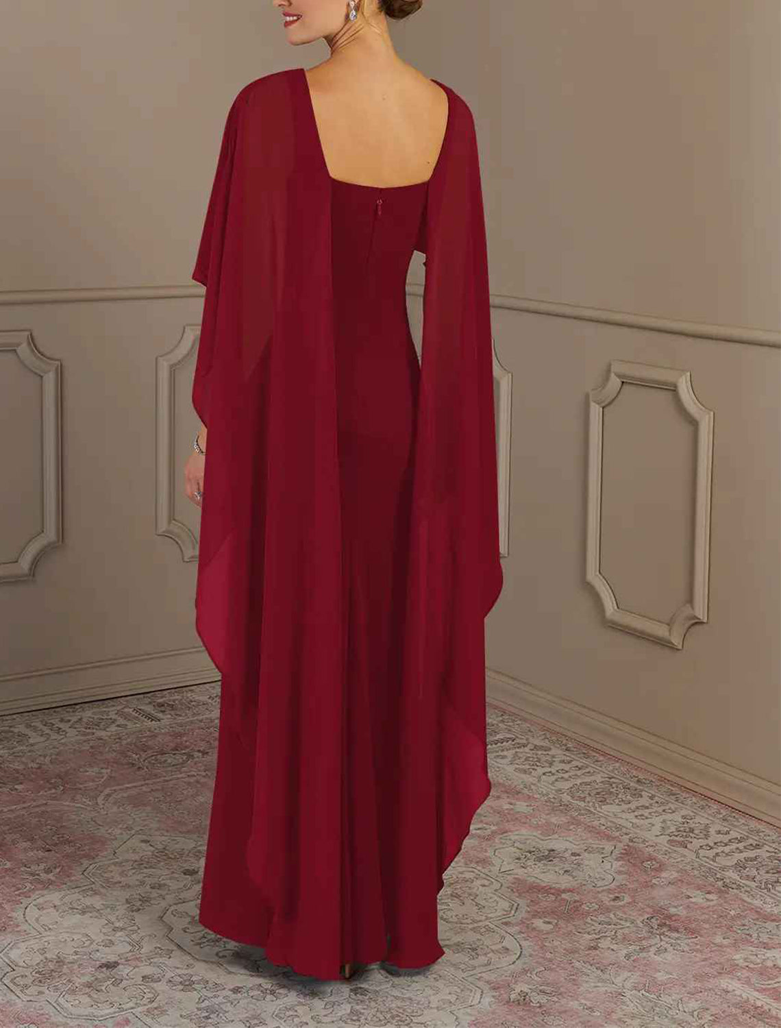 Elegant multi color chiffon mermaid bateau cape sleeve square zip back floor length Mother of the Bride Dresses