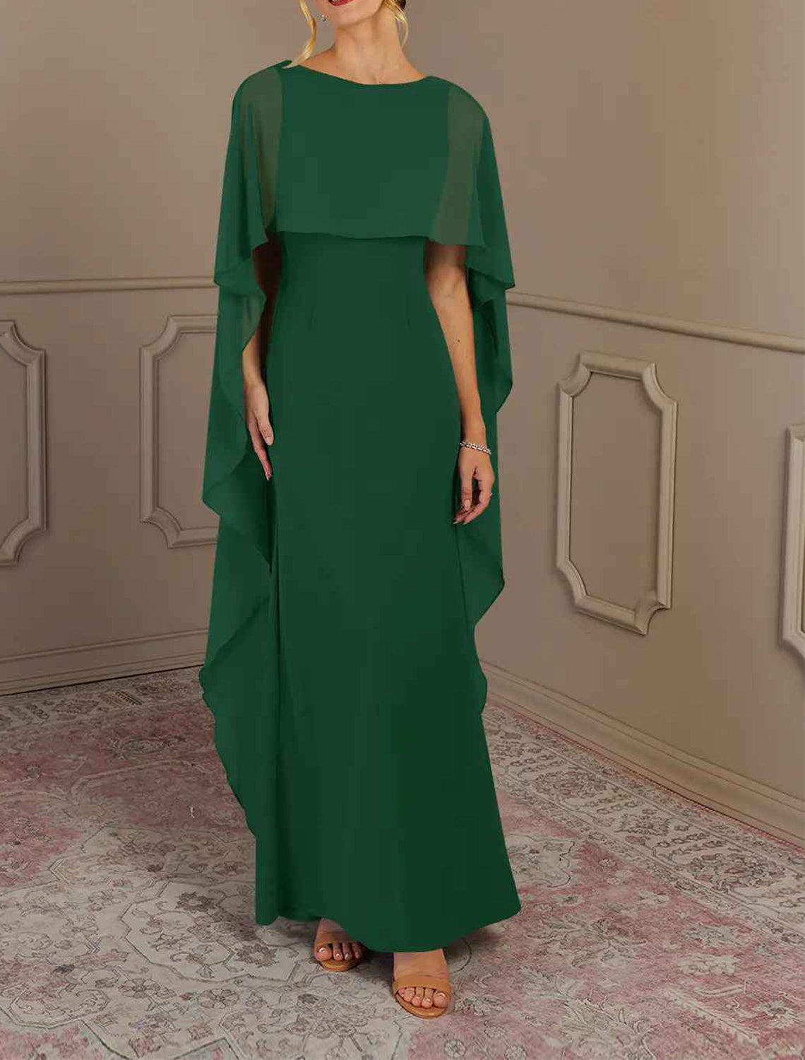 Elegant multi color chiffon mermaid bateau cape sleeve square zip back floor length Mother of the Bride Dresses