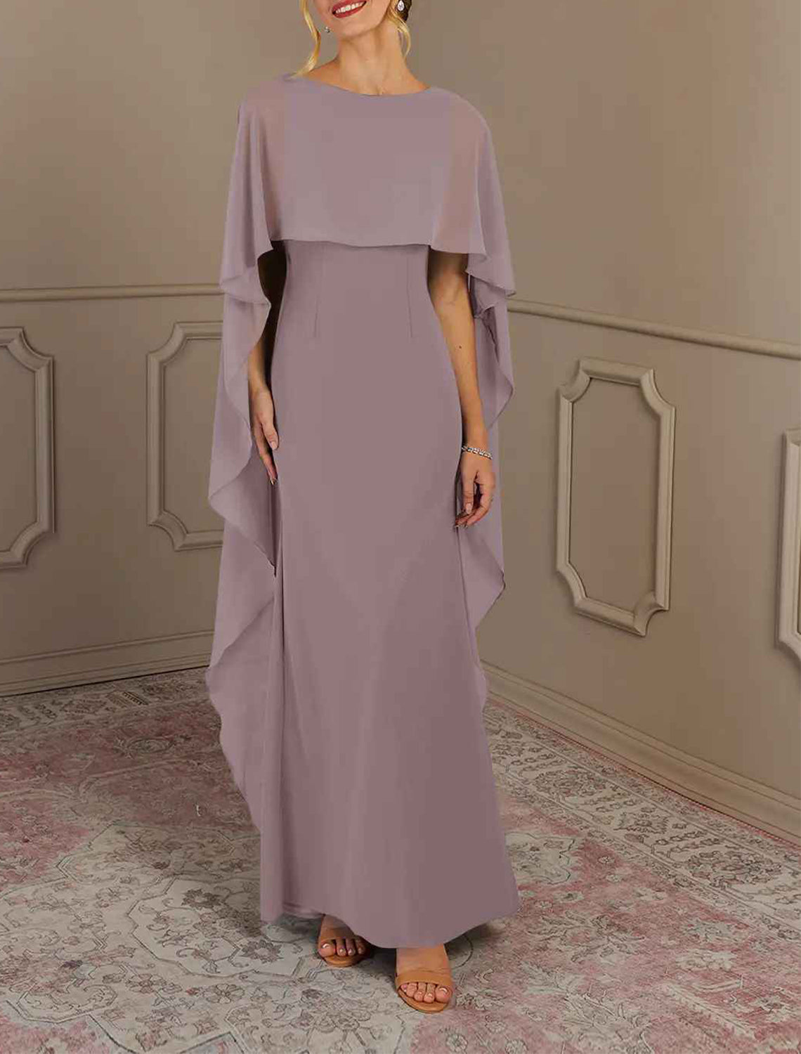 Elegant multi color chiffon mermaid bateau cape sleeve square zip back floor length Mother of the Bride Dresses