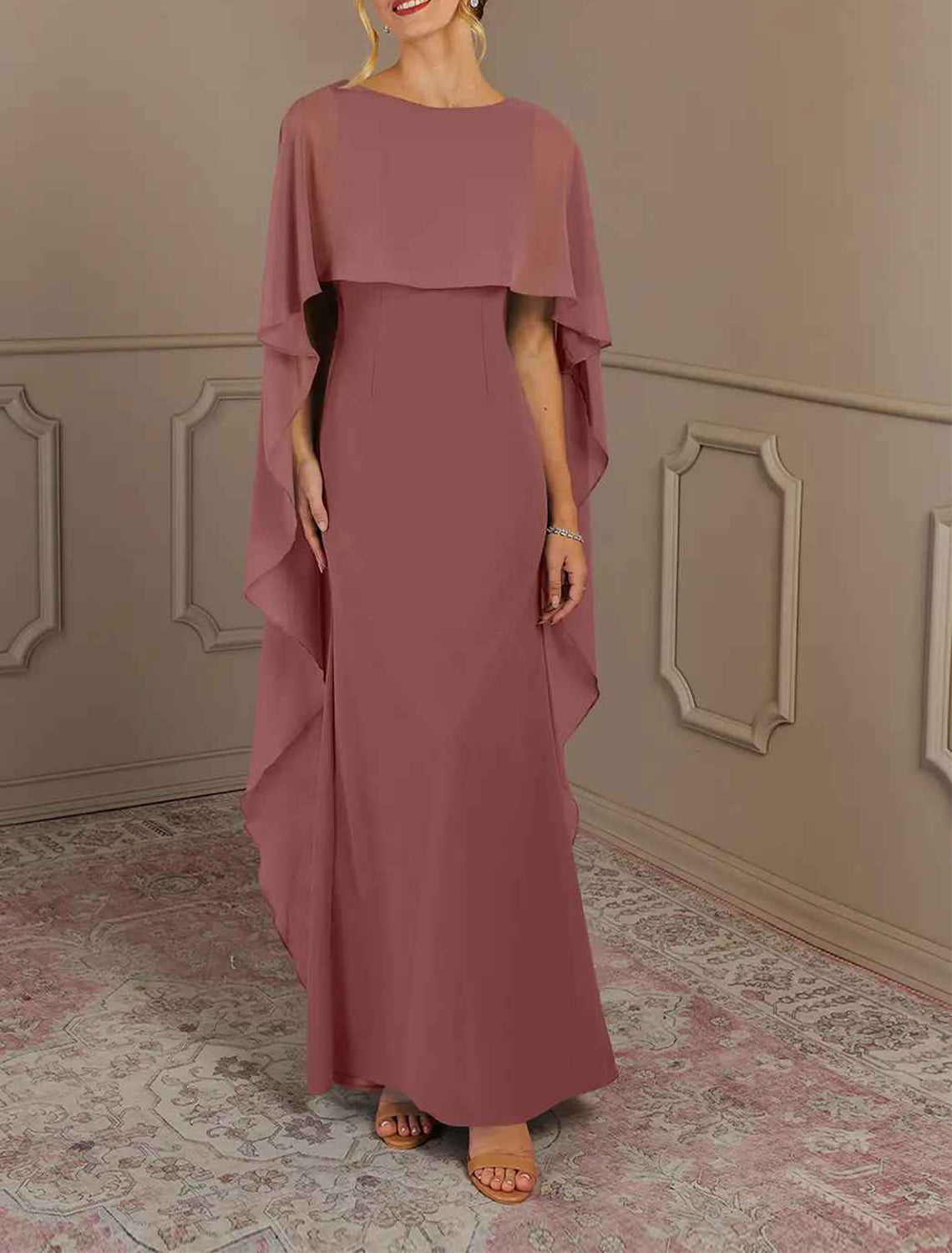 Elegant multi color chiffon mermaid bateau cape sleeve square zip back floor length Mother of the Bride Dresses