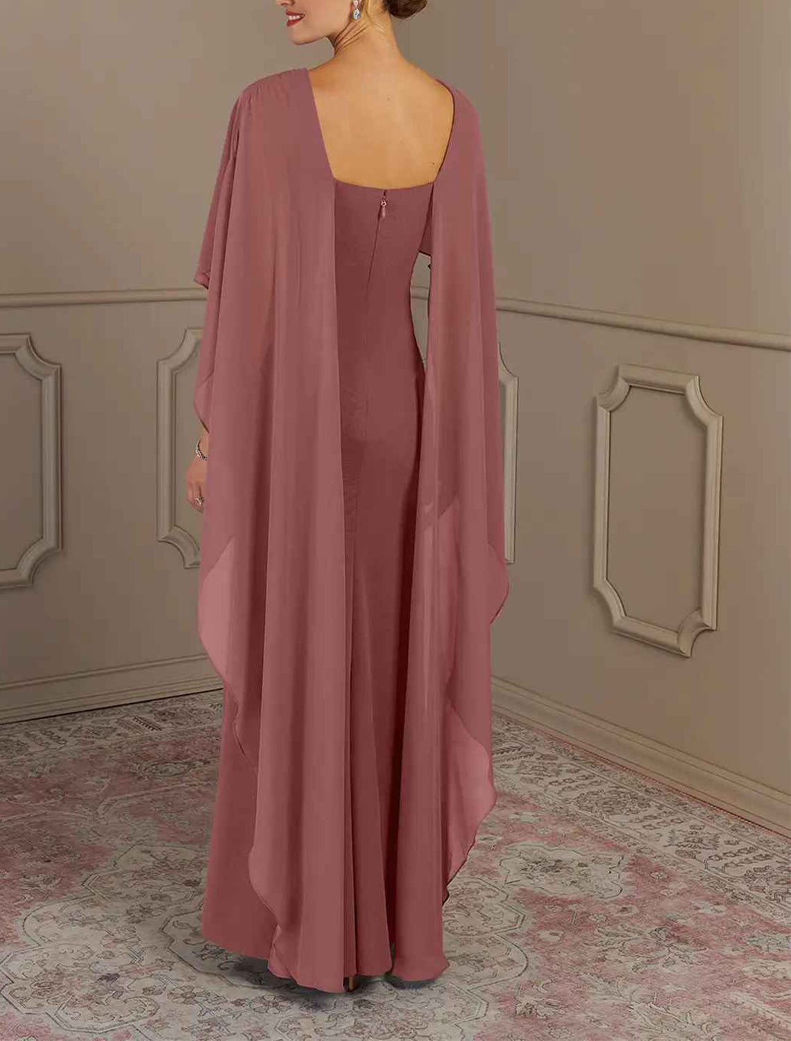 Elegant multi color chiffon mermaid bateau cape sleeve square zip back floor length Mother of the Bride Dresses