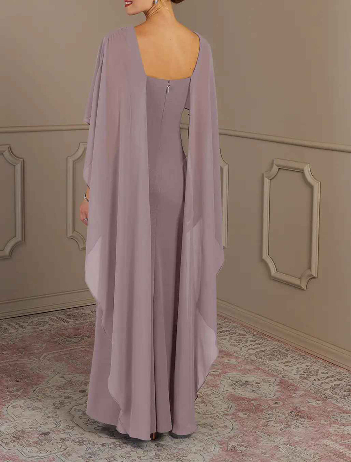 Elegant multi color chiffon mermaid bateau cape sleeve square zip back floor length Mother of the Bride Dresses