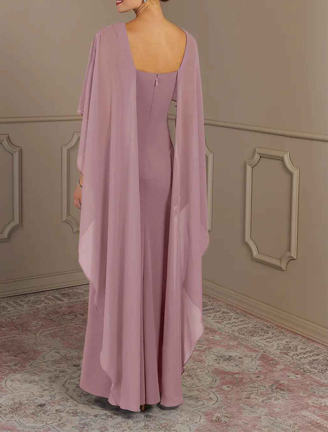 Elegant multi color chiffon mermaid bateau cape sleeve square zip back floor length Mother of the Bride Dresses