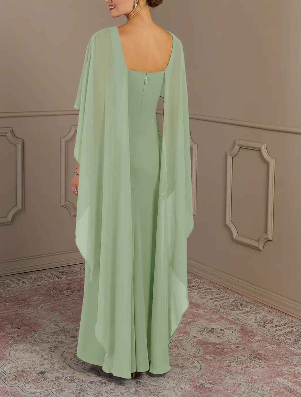 Elegant multi color chiffon mermaid bateau cape sleeve square zip back floor length Mother of the Bride Dresses