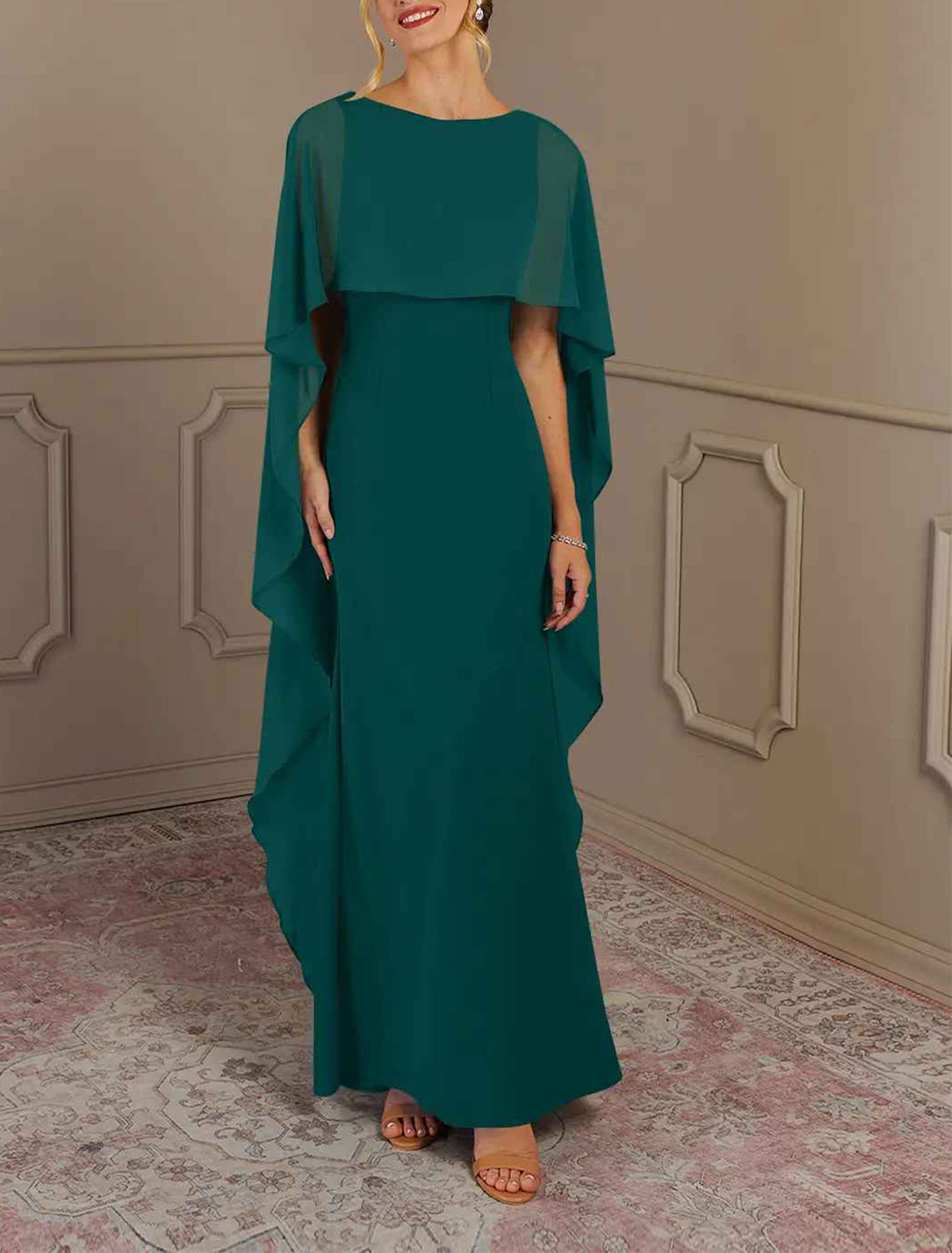 Elegant multi color chiffon mermaid bateau cape sleeve square zip back floor length Mother of the Bride Dresses