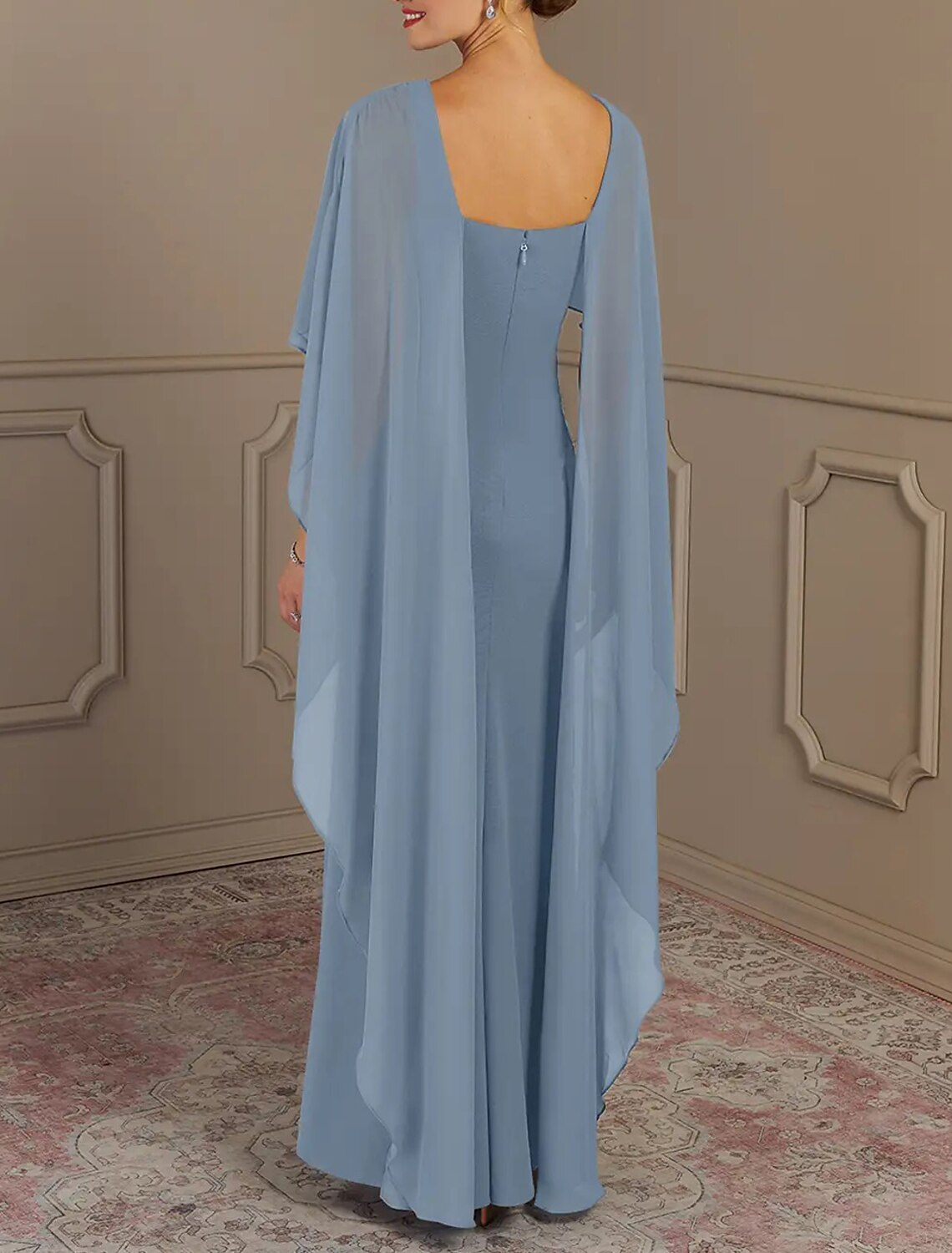 Elegant multi color chiffon mermaid bateau cape sleeve square zip back floor length Mother of the Bride Dresses