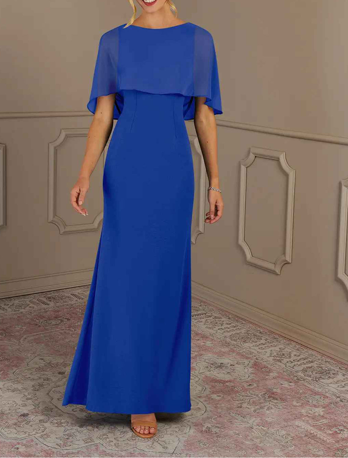 Elegant multi color chiffon mermaid bateau cape sleeve square zip back floor length Mother of the Bride Dresses