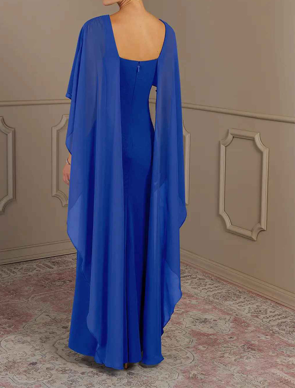 Elegant multi color chiffon mermaid bateau cape sleeve square zip back floor length Mother of the Bride Dresses