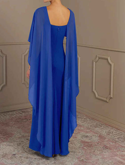 Elegant multi color chiffon mermaid bateau cape sleeve square zip back floor length Mother of the Bride Dresses