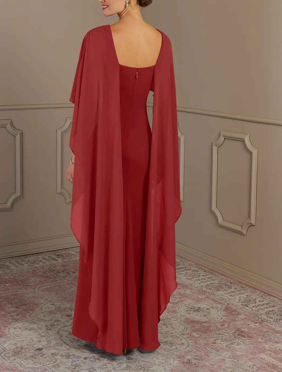 Elegant multi color chiffon mermaid bateau cape sleeve square zip back floor length Mother of the Bride Dresses