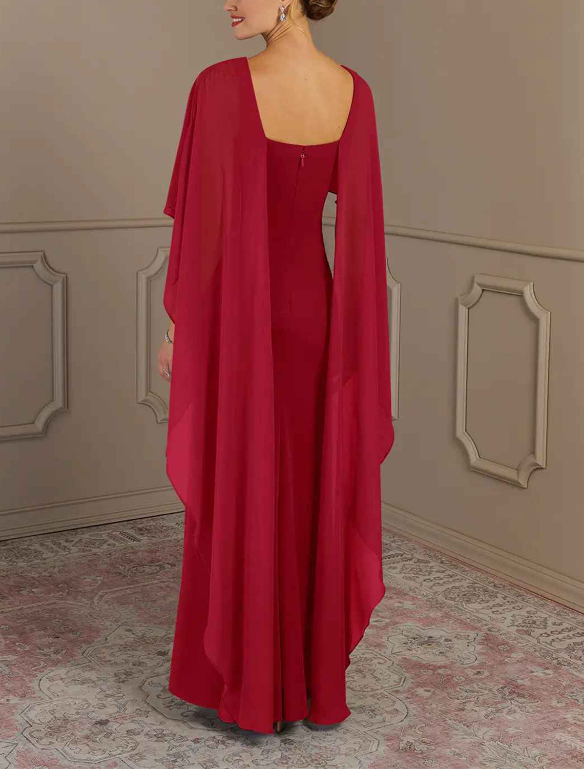 Elegant multi color chiffon mermaid bateau cape sleeve square zip back floor length Mother of the Bride Dresses