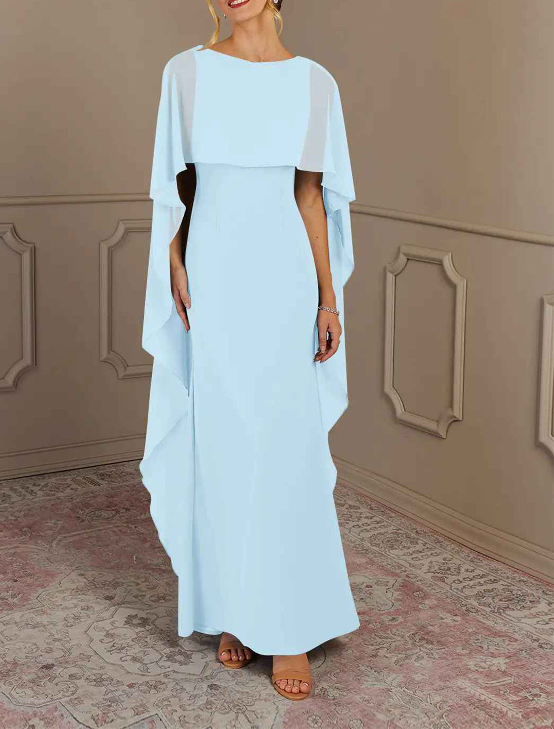 Elegant multi color chiffon mermaid bateau cape sleeve square zip back floor length Mother of the Bride Dresses