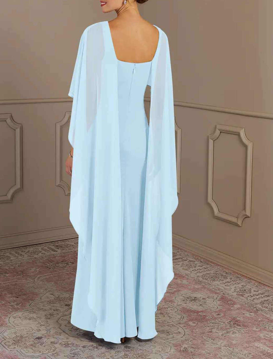 Elegant multi color chiffon mermaid bateau cape sleeve square zip back floor length Mother of the Bride Dresses