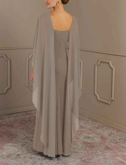 Elegant multi color chiffon mermaid bateau cape sleeve square zip back floor length Mother of the Bride Dresses