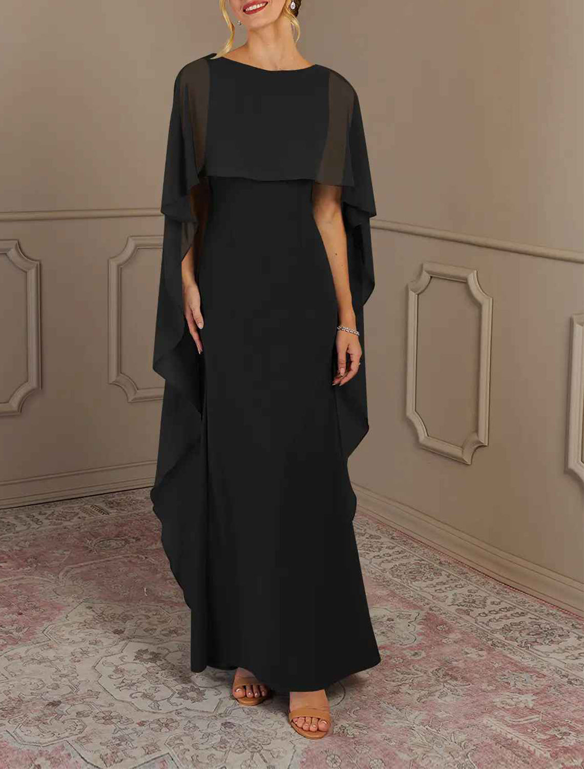 Elegant multi color chiffon mermaid bateau cape sleeve square zip back floor length Mother of the Bride Dresses