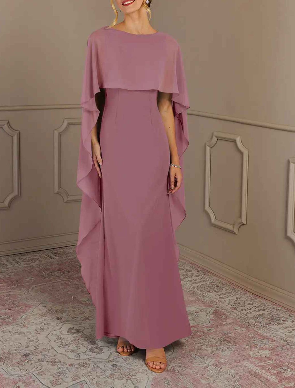 Elegant multi color chiffon mermaid bateau cape sleeve square zip back floor length Mother of the Bride Dresses