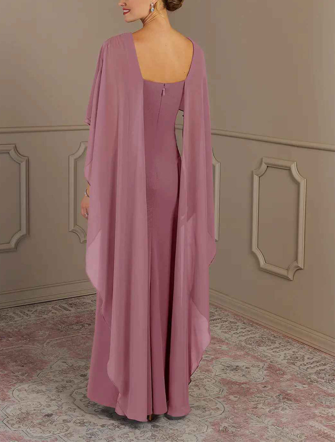 Elegant multi color chiffon mermaid bateau cape sleeve square zip back floor length Mother of the Bride Dresses