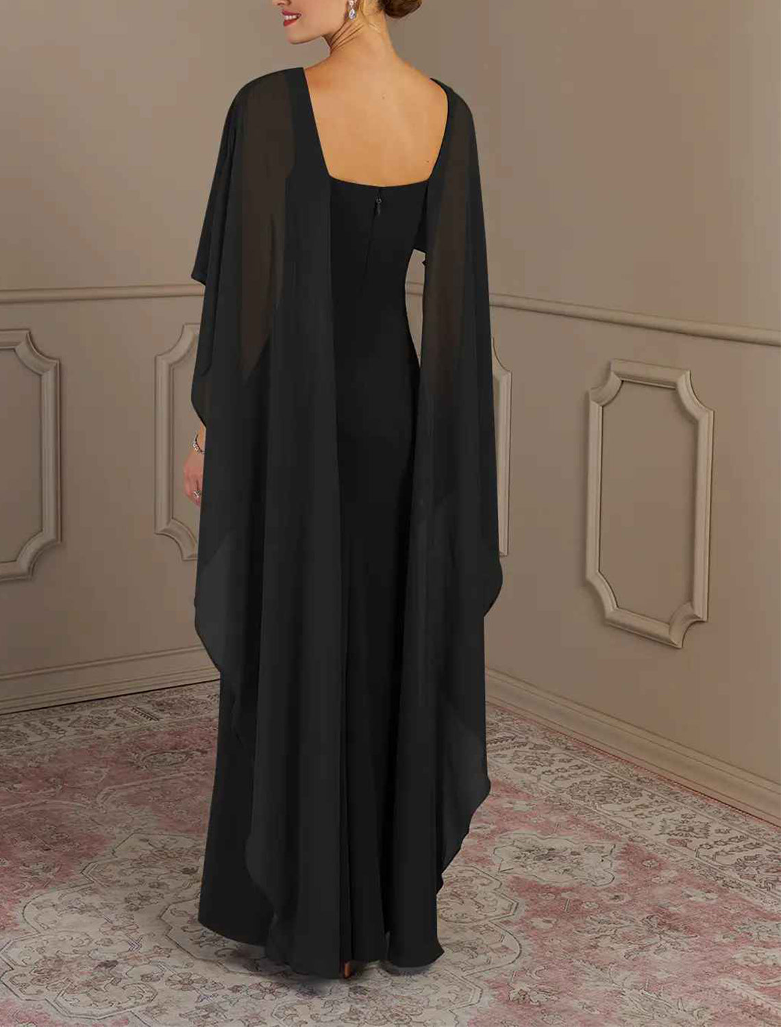 Elegant multi color chiffon mermaid bateau cape sleeve square zip back floor length Mother of the Bride Dresses