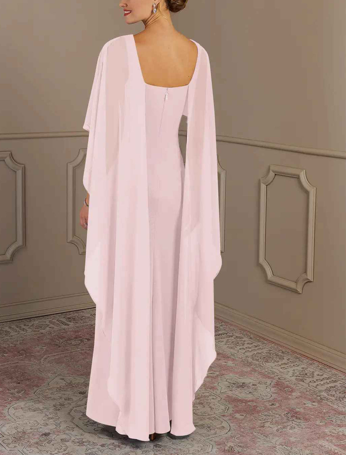 Elegant multi color chiffon mermaid bateau cape sleeve square zip back floor length Mother of the Bride Dresses