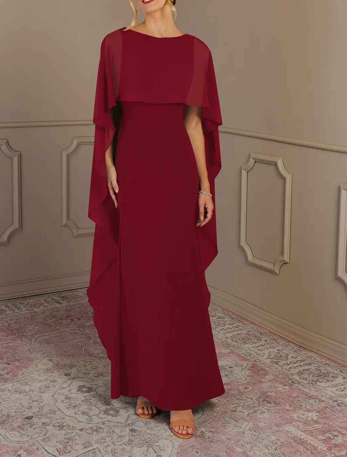 Elegant multi color chiffon mermaid bateau cape sleeve square zip back floor length Mother of the Bride Dresses