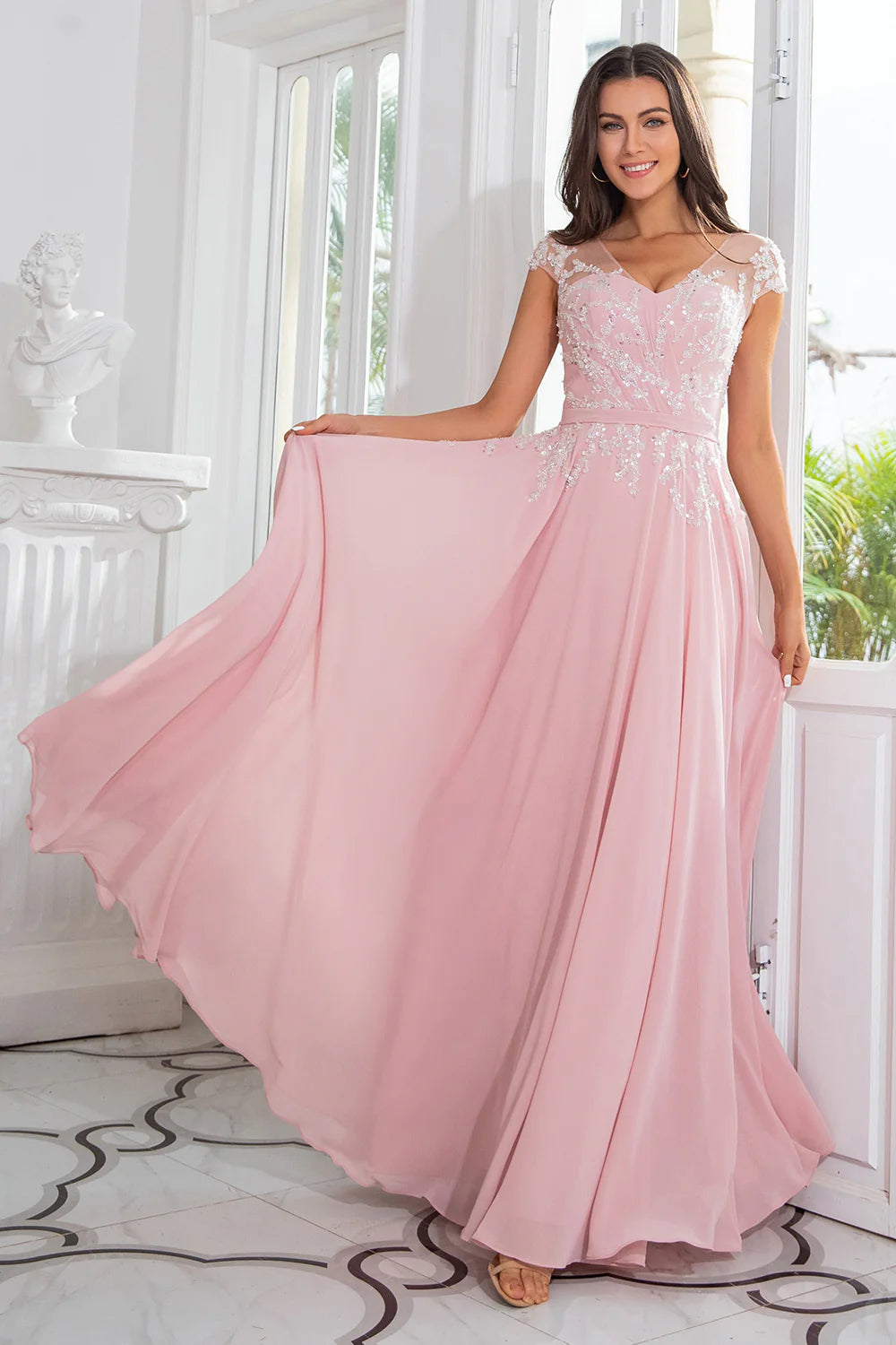 Elegant beaded chiffon A-line illusion V-neck cap sleeve zip back floor length mother of the bride dresses