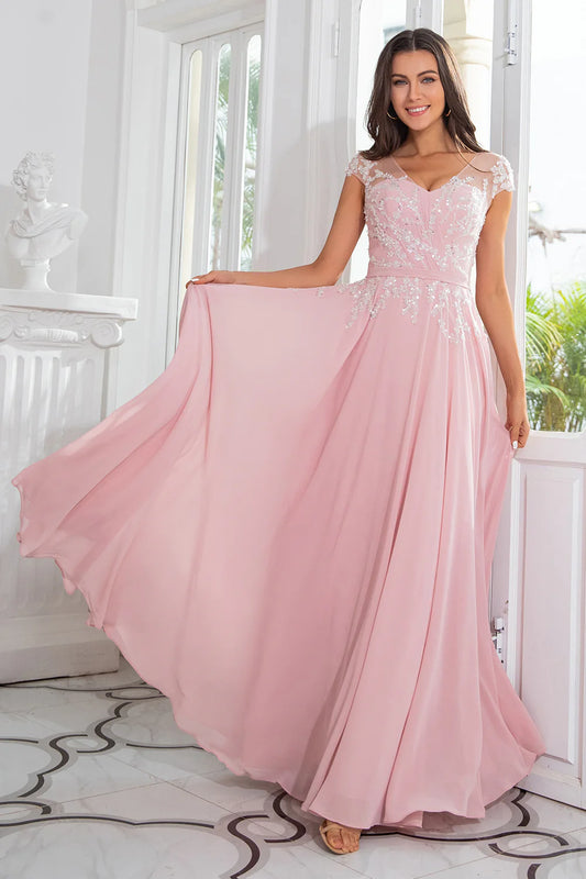 Elegant beaded chiffon A-line illusion V-neck cap sleeve zip back floor length mother of the bride dresses
