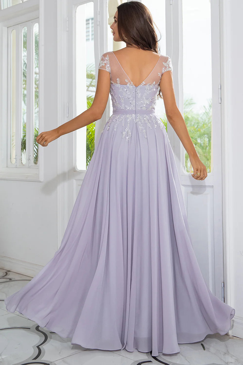 Elegant beaded chiffon A-line illusion V-neck cap sleeve zip back floor length mother of the bride dresses
