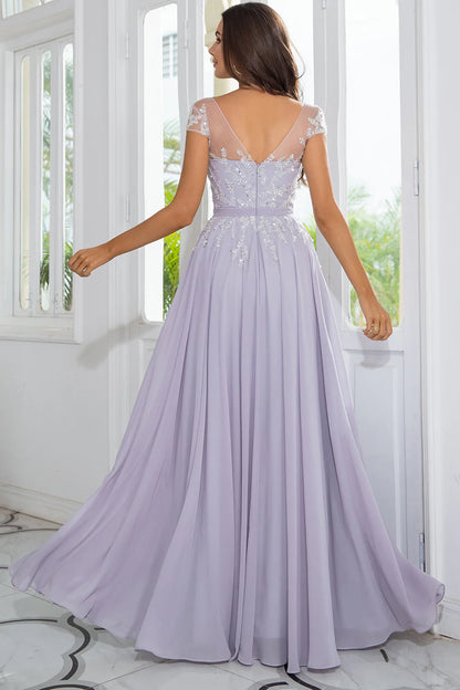 Elegant beaded chiffon A-line illusion V-neck cap sleeve zip back floor length mother of the bride dresses