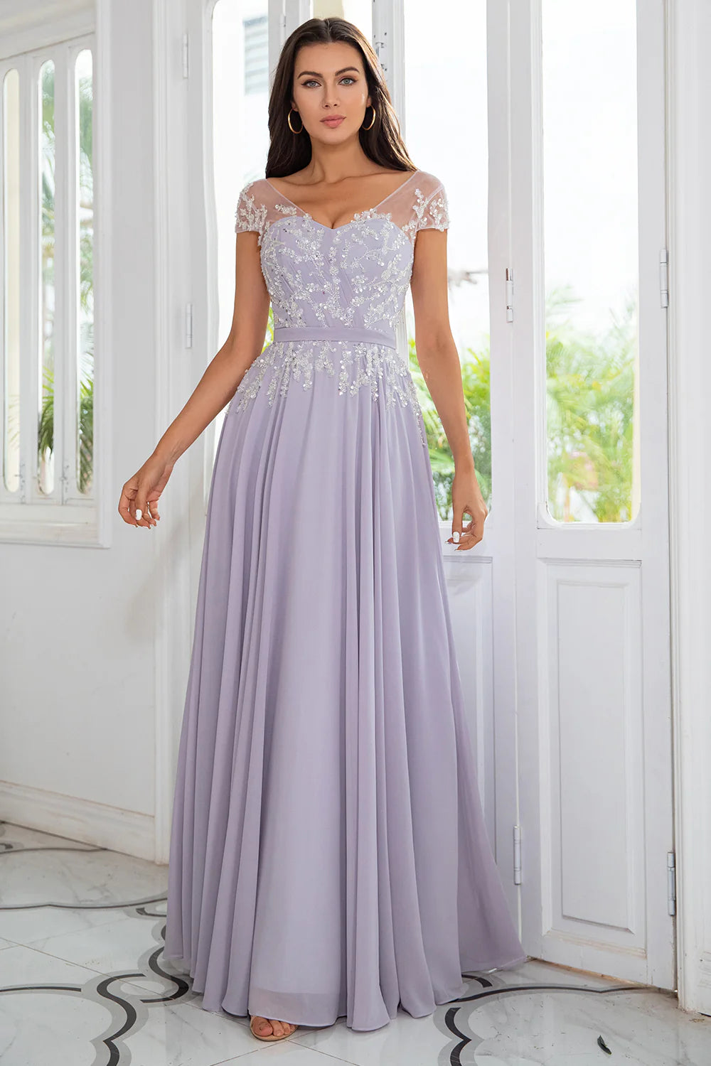 Elegant beaded chiffon A-line illusion V-neck cap sleeve zip back floor length mother of the bride dresses