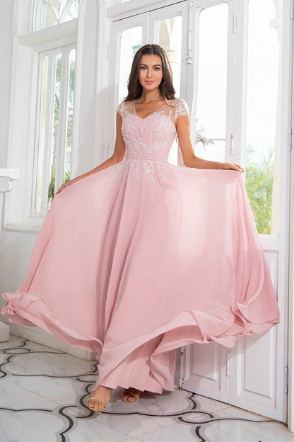 Elegant beaded chiffon A-line illusion V-neck cap sleeve zip back floor length mother of the bride dresses