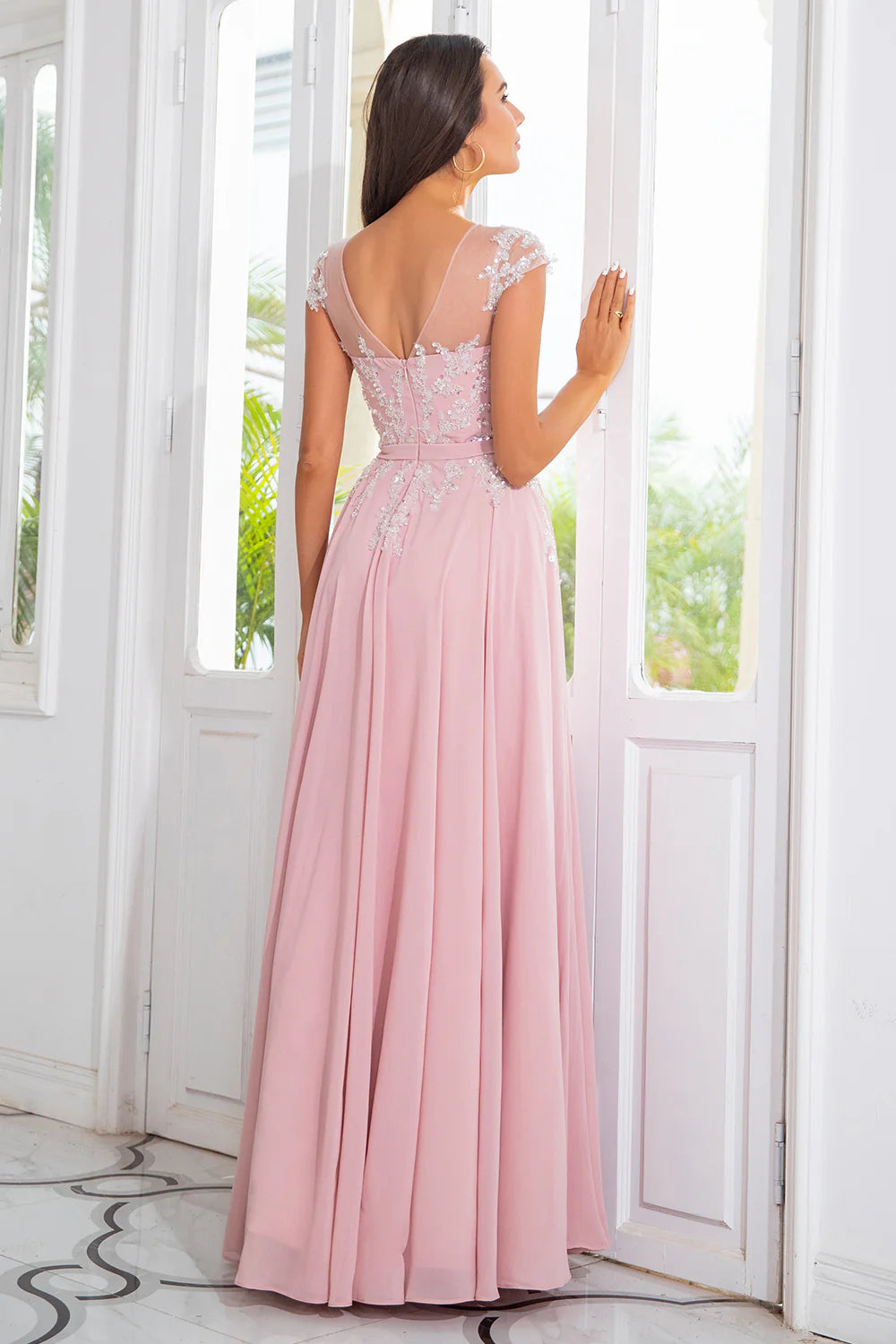 Elegant beaded chiffon A-line illusion V-neck cap sleeve zip back floor length mother of the bride dresses