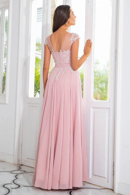 Elegant beaded chiffon A-line illusion V-neck cap sleeve zip back floor length mother of the bride dresses