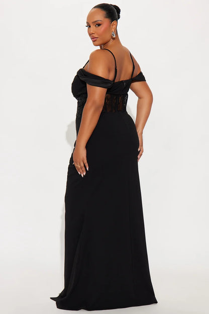 Elegant black mermaid off shoulder corset lace back slit long evening dress