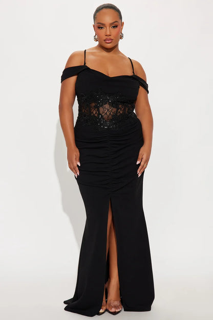 Elegant black mermaid off shoulder corset lace back slit long evening dress