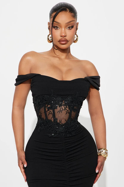Elegant black mermaid off shoulder corset lace back slit long evening dress