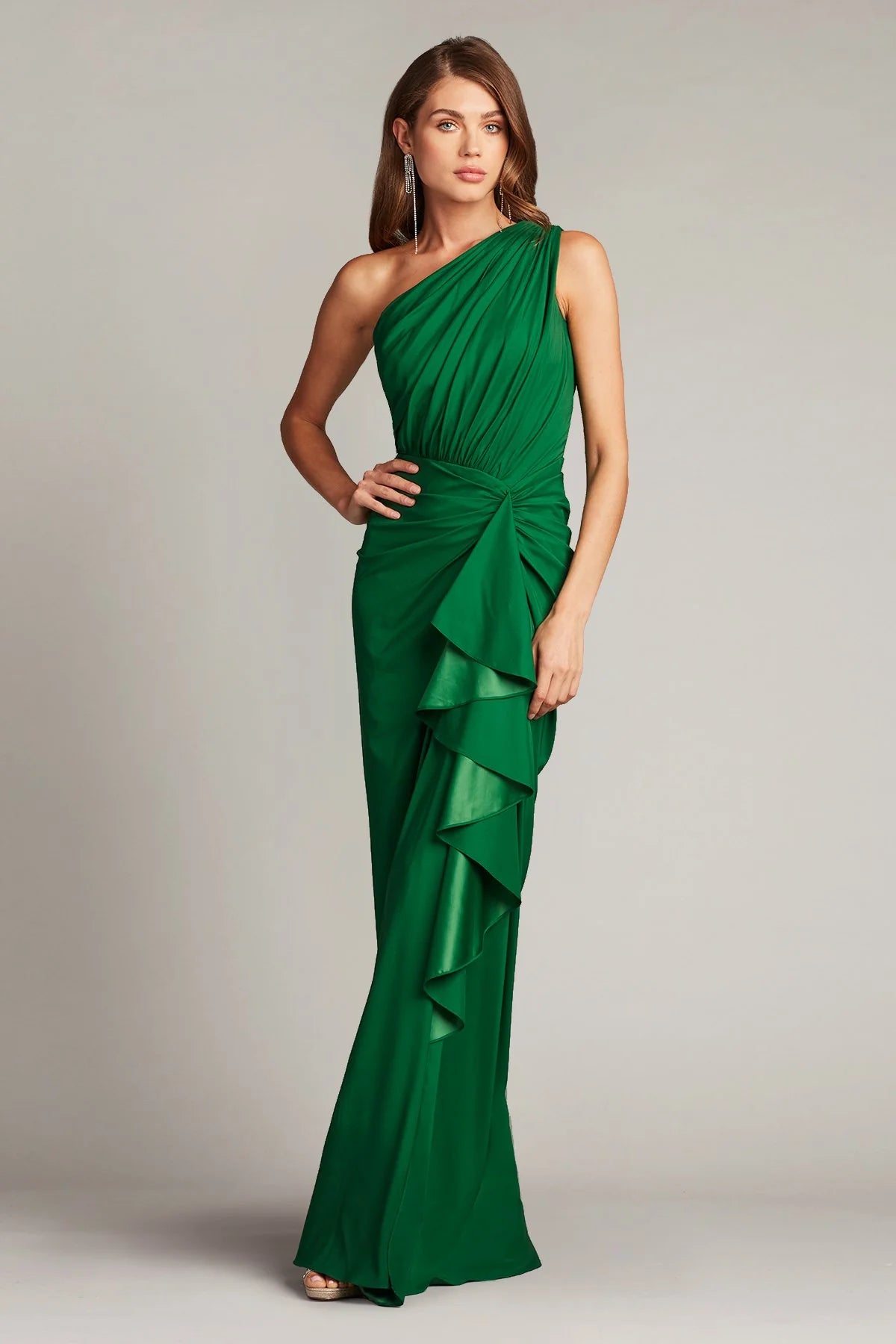 Elegant chiffon sheath one shoulder sleeveless open back floor length evening dress with ruffle detail and high slit