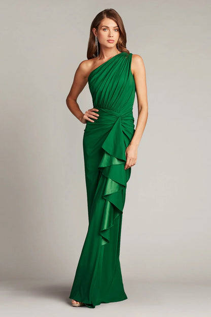 Elegant chiffon sheath one shoulder sleeveless open back floor length evening dress with ruffle detail and high slit