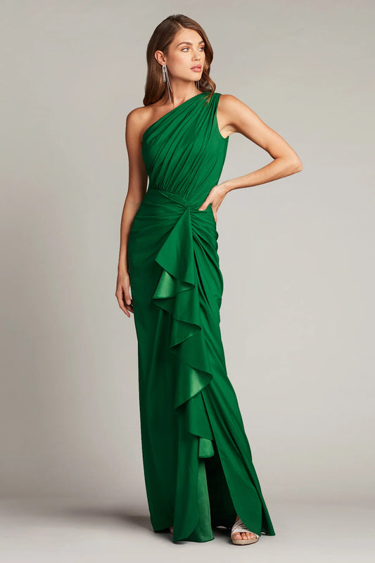 Elegant chiffon sheath one shoulder sleeveless open back floor length evening dress with ruffle detail and high slit