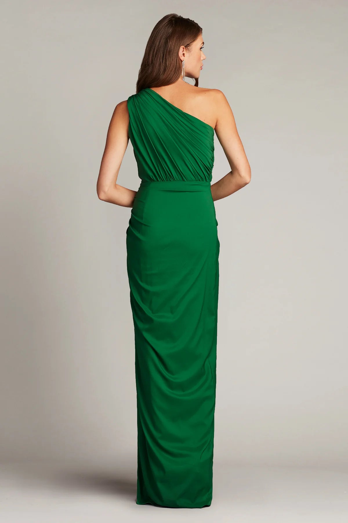 Elegant chiffon sheath one shoulder sleeveless open back floor length evening dress with ruffle detail and high slit