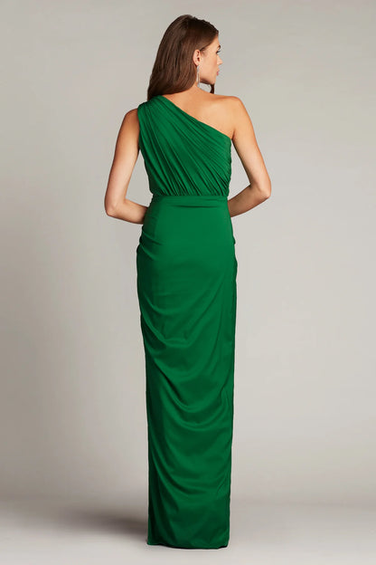 Elegant chiffon sheath one shoulder sleeveless open back floor length evening dress with ruffle detail and high slit