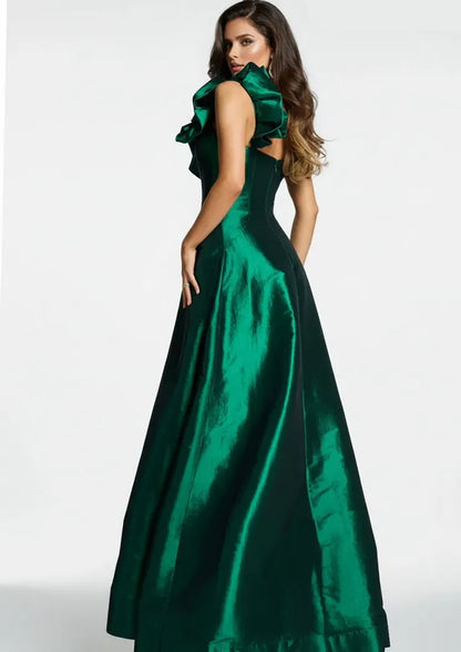 Elegant emerald green satin evening dress with one-shoulder ruffle detail, structured bodice, and A-line skirt