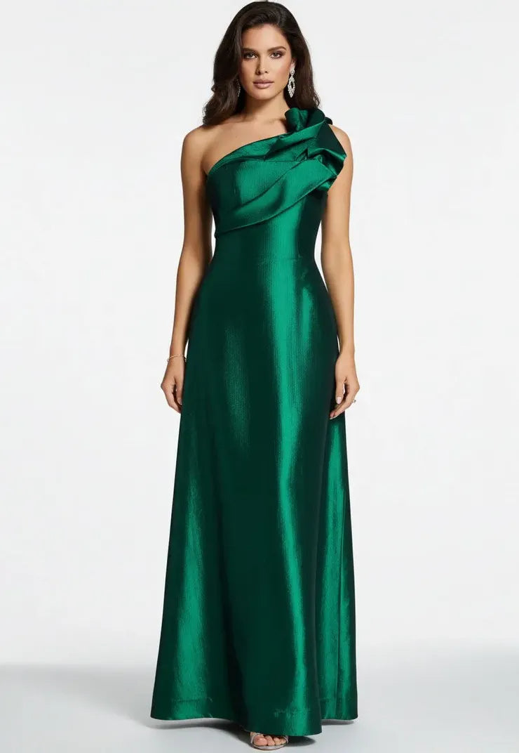 Elegant emerald green satin evening dress with one-shoulder ruffle detail, structured bodice, and A-line skirt